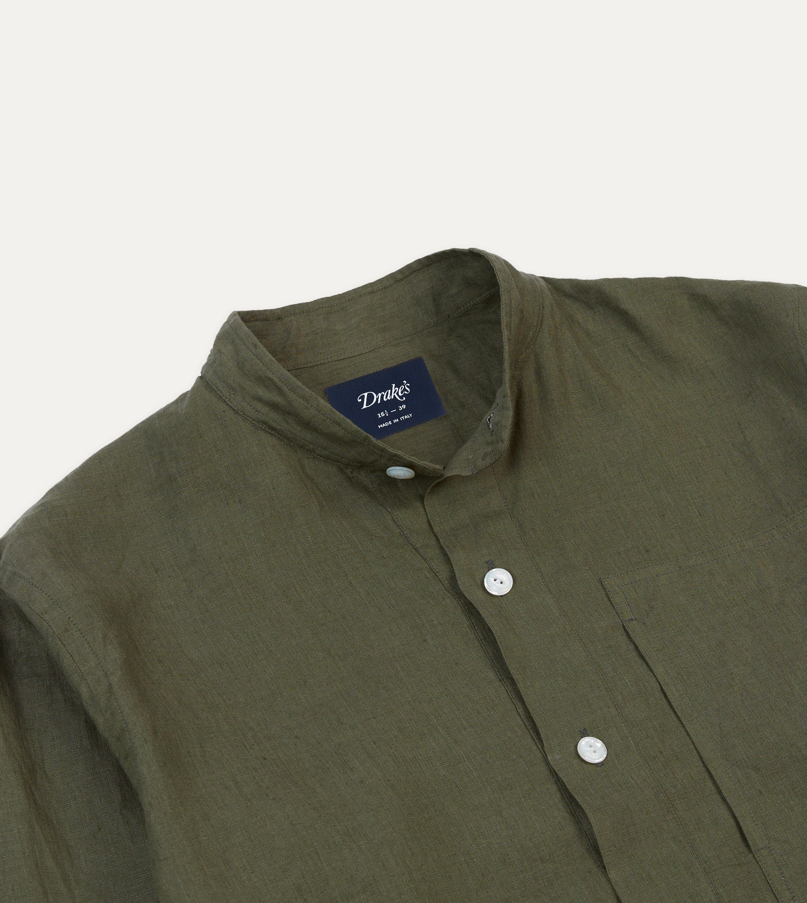 Olive Linen Mandarin Collar Popover Shirt Year-Round Wear