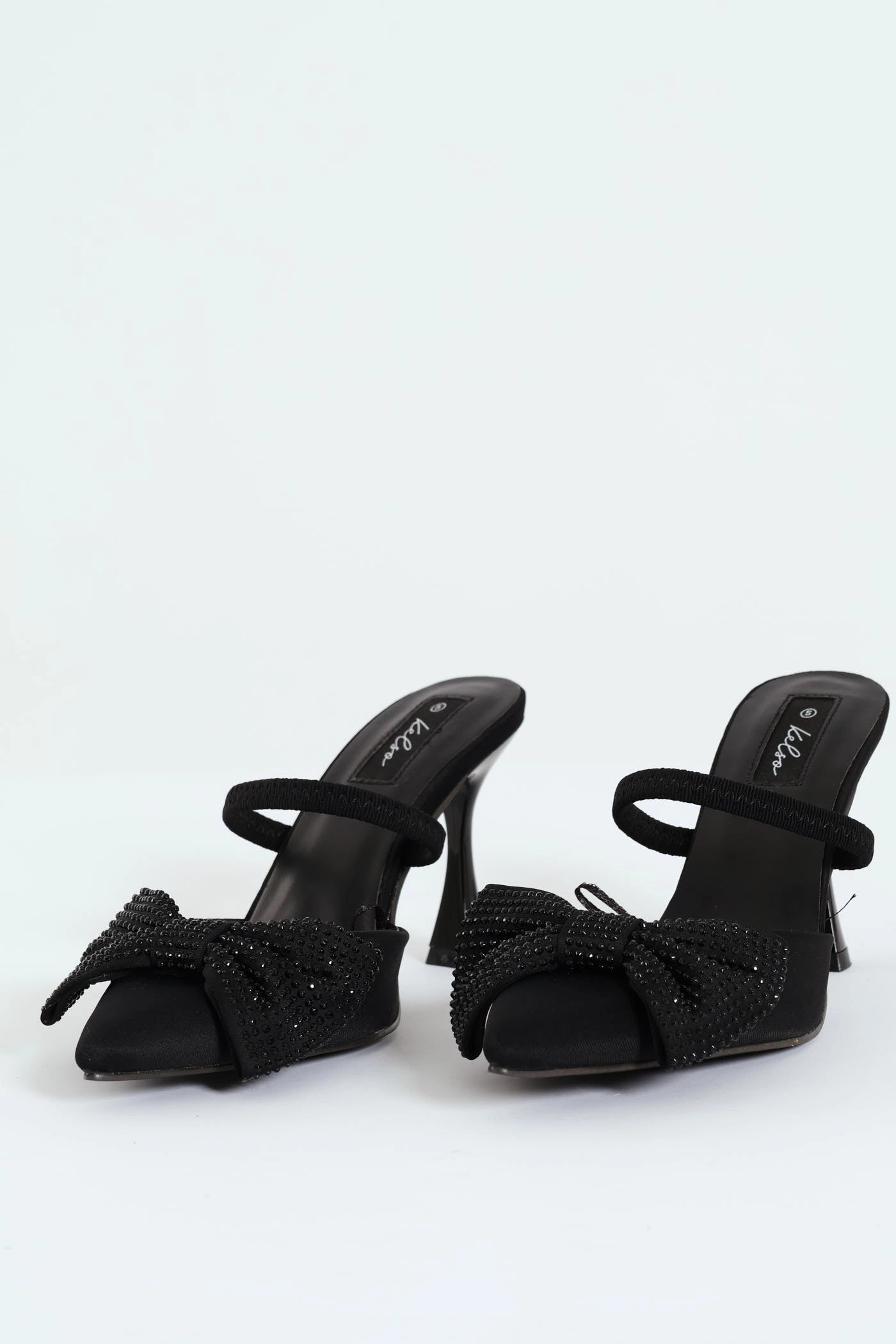 Luxury Leather Pumps Self Colour Bow Trim Pointy Kitten Mule Heel - Black