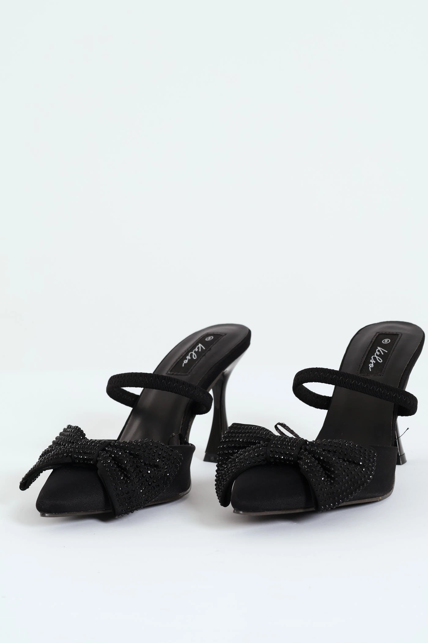 Elegant Platform Sandals Self Colour Bow Trim Pointy Kitten Mule Heel - Black