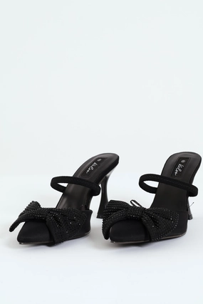 Elegant Platform Sandals Self Colour Bow Trim Pointy Kitten Mule Heel - Black