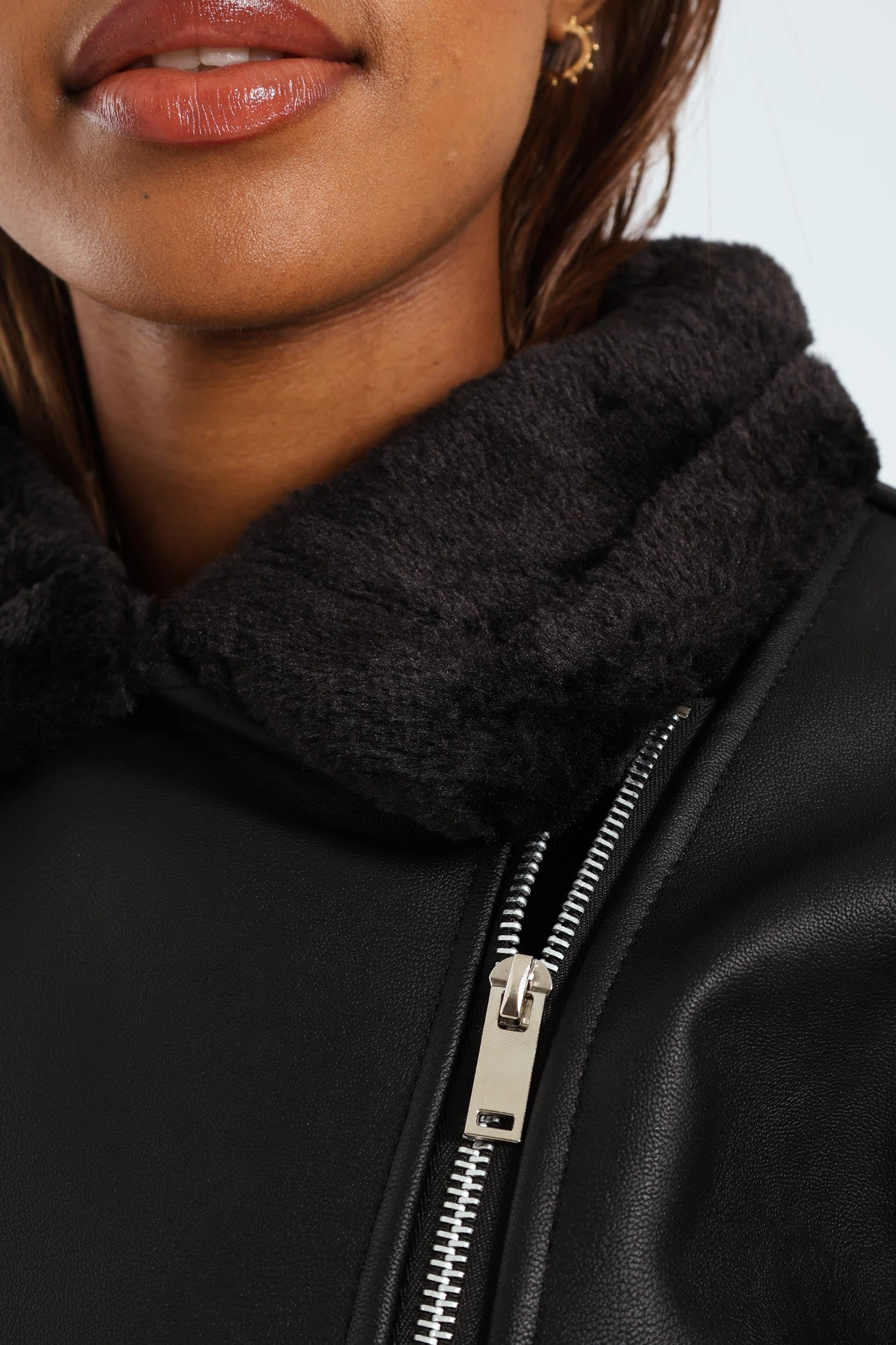 Tonal Fur Lined PU Aviator Jacket - Black Noise Free Zippers Cool Tone