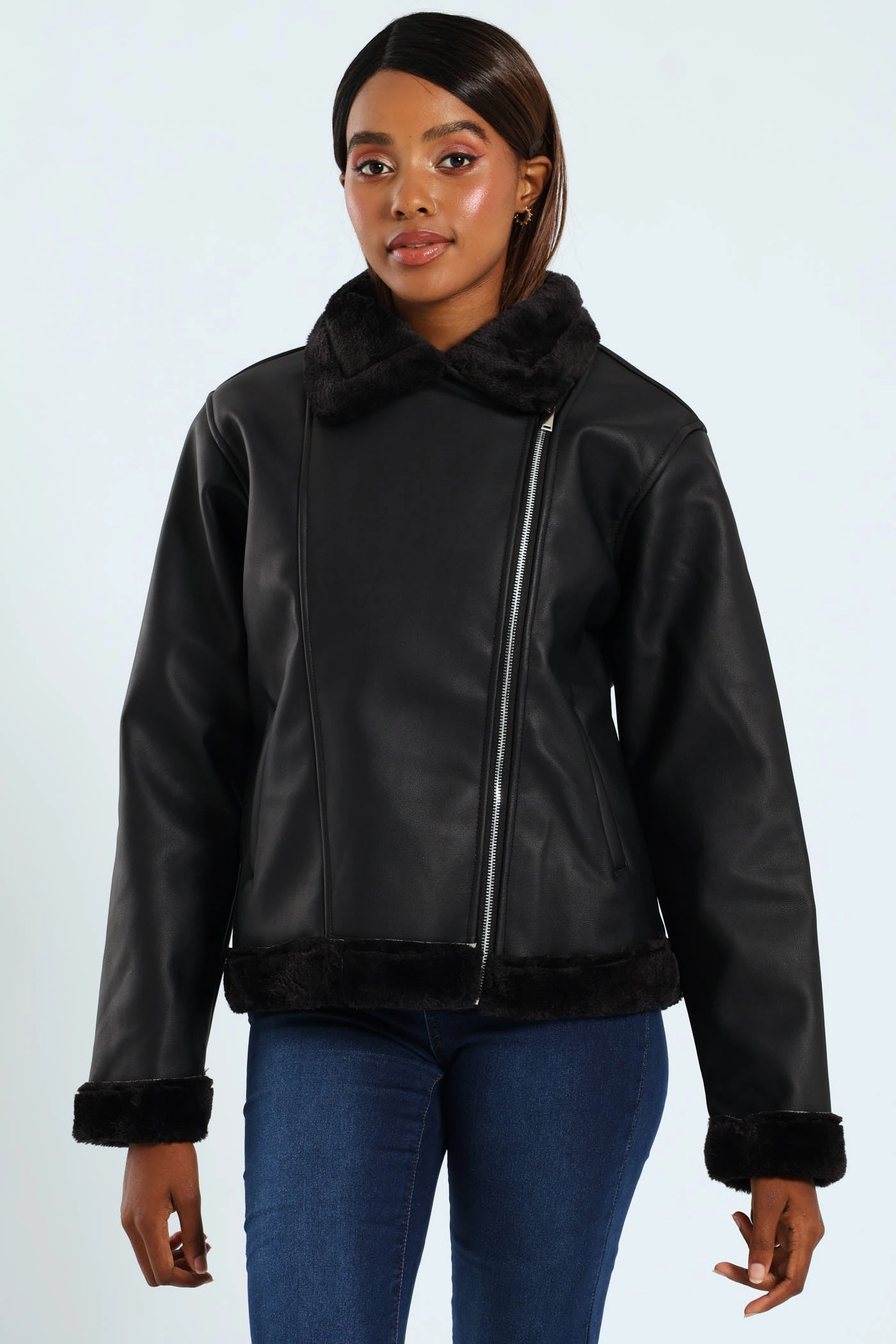 Midweight Layer Tonal Fur Lined PU Aviator Jacket - Black