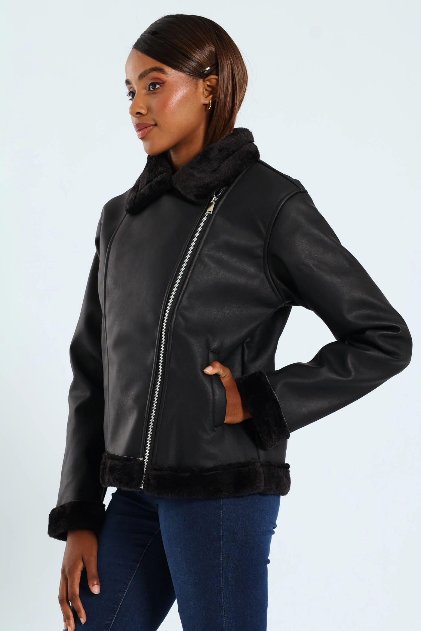 Stretch Material Waterproof Material Tonal Fur Lined PU Aviator Jacket - Black