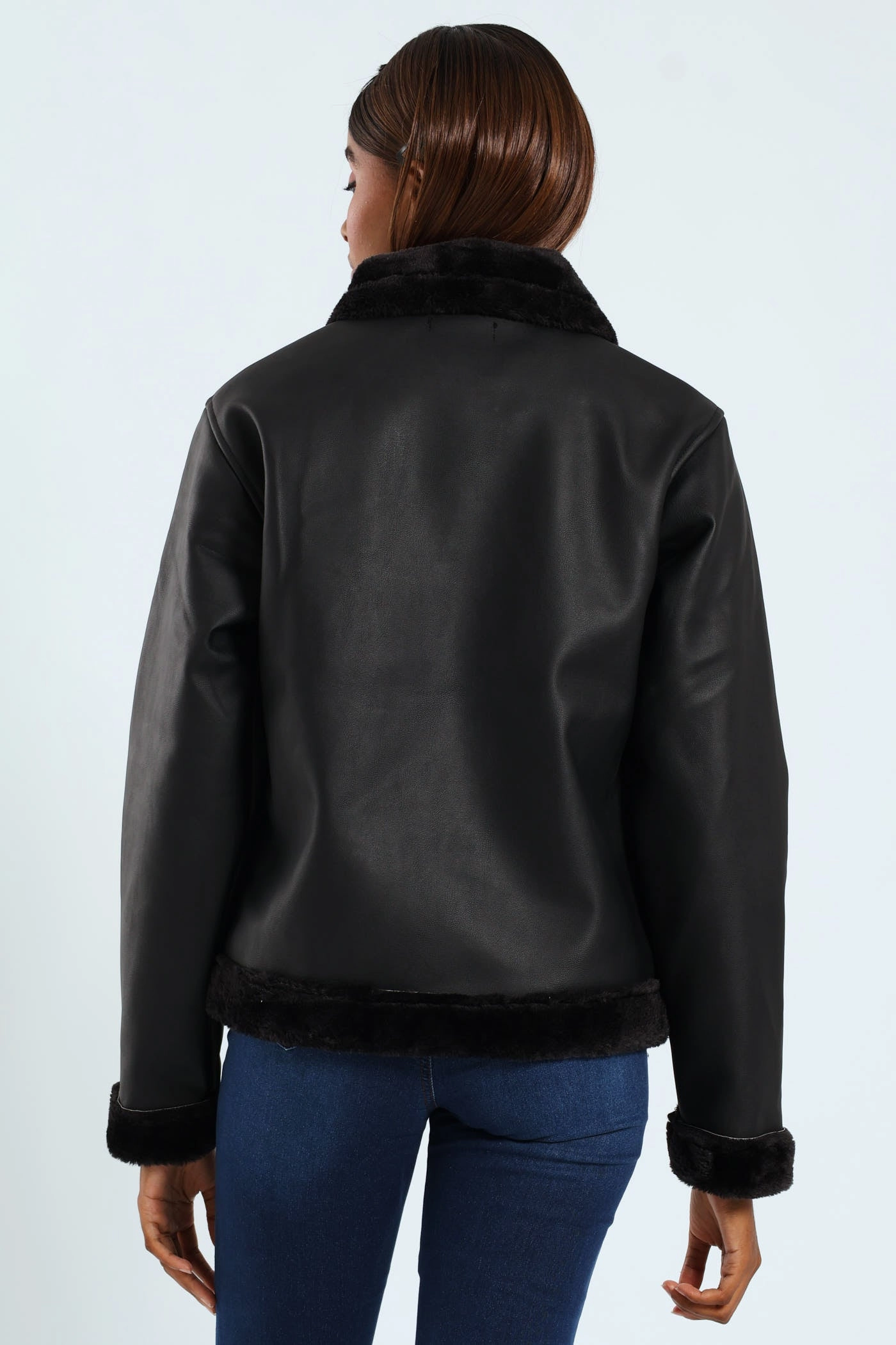 Tonal Fur Lined PU Aviator Jacket - Black PFC Free Waterproofing