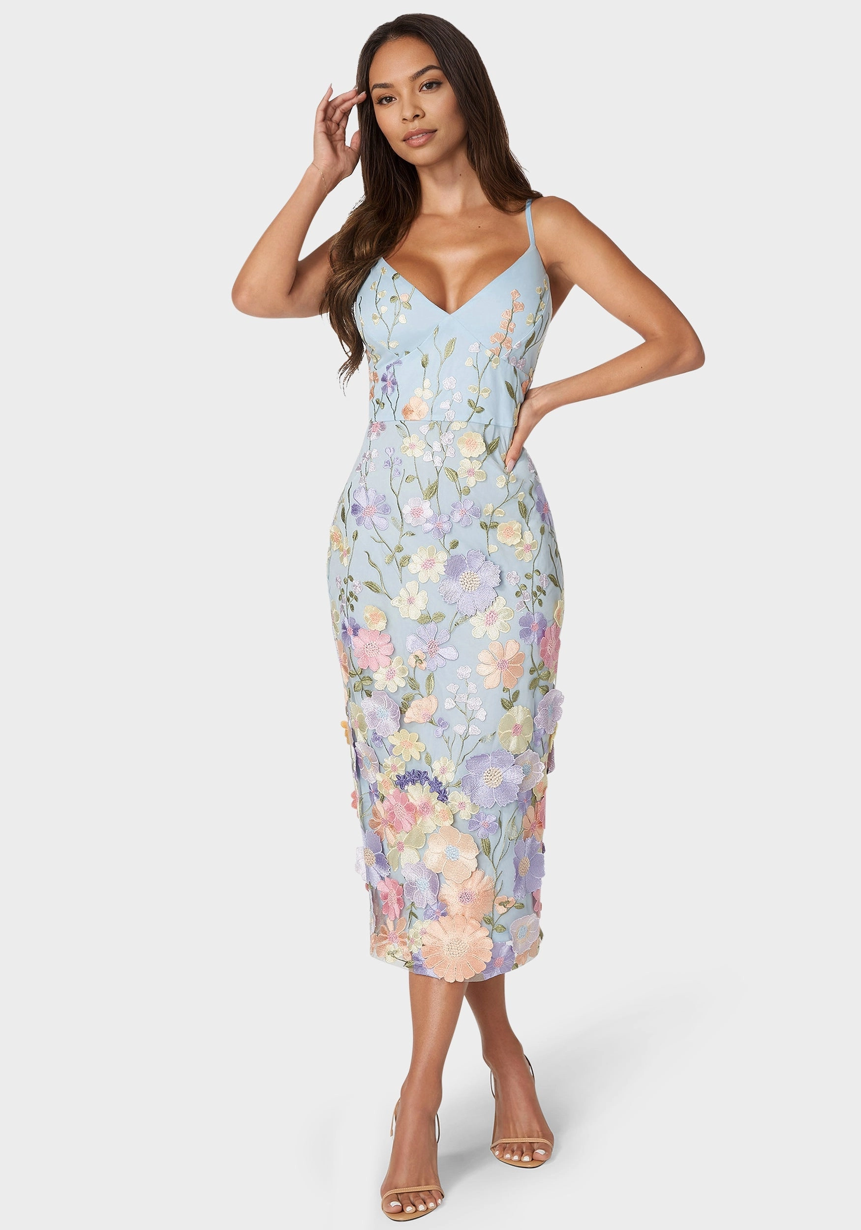 Floral Embroidered Midi Dress Floating Shape Balanced Light