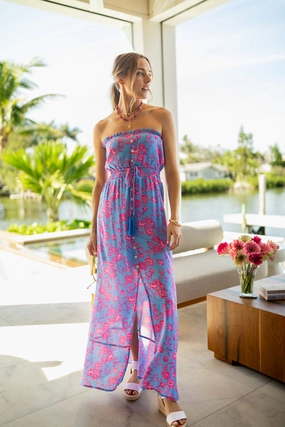 Floral Oasis Blue and Pink Strapless Printed Maxi Dress FINAL SALE Travel Fit