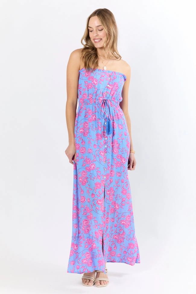 Floral Oasis Blue and Pink Strapless Printed Maxi Dress FINAL SALE Balanced Fit Flowy Cut
