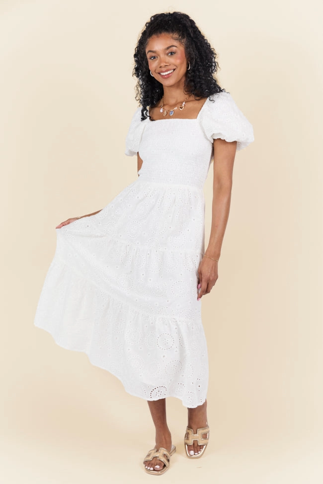 Forget Me Not White Eyelet Short Sleeve Midi Dress FINAL SALE Casual Layers