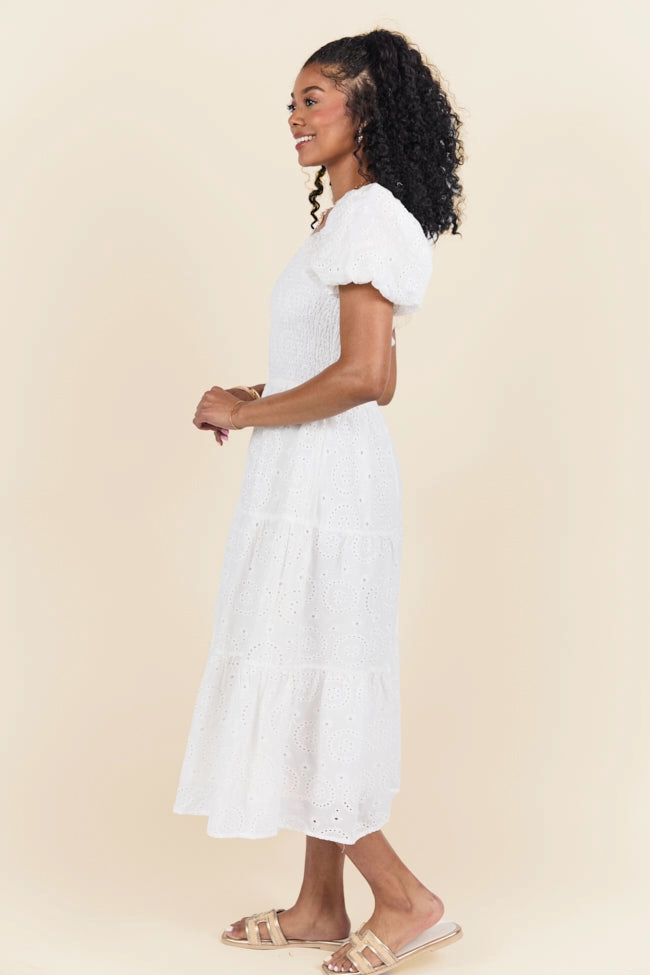 Forget Me Not White Eyelet Short Sleeve Midi Dress FINAL SALE Light Bow