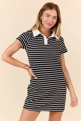 Stylish Layer Gemstone-Detail Prepared For Anything Black and White Collared Stripe Dress SALE