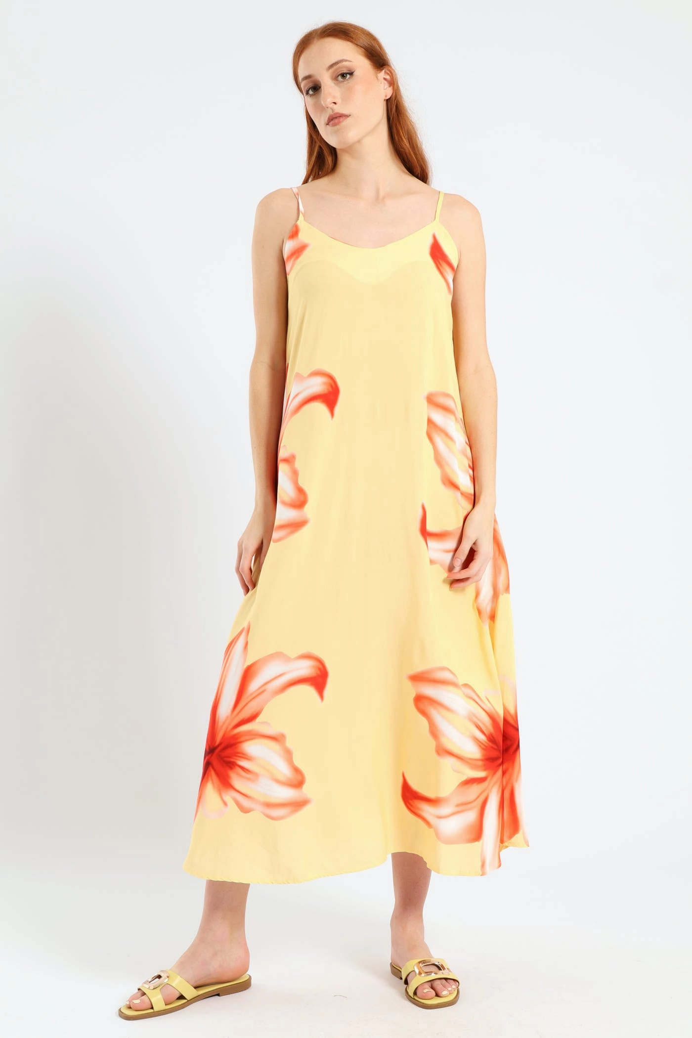 Breezy Fit Strappy A-Line Hyper Floral Slip Midi Dress - Light Yellow