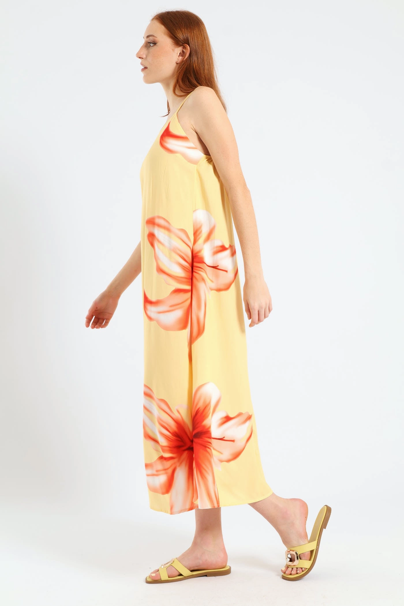 Strappy A-Line Hyper Floral Slip Midi Dress - Light Yellow A-Line Silky Touch