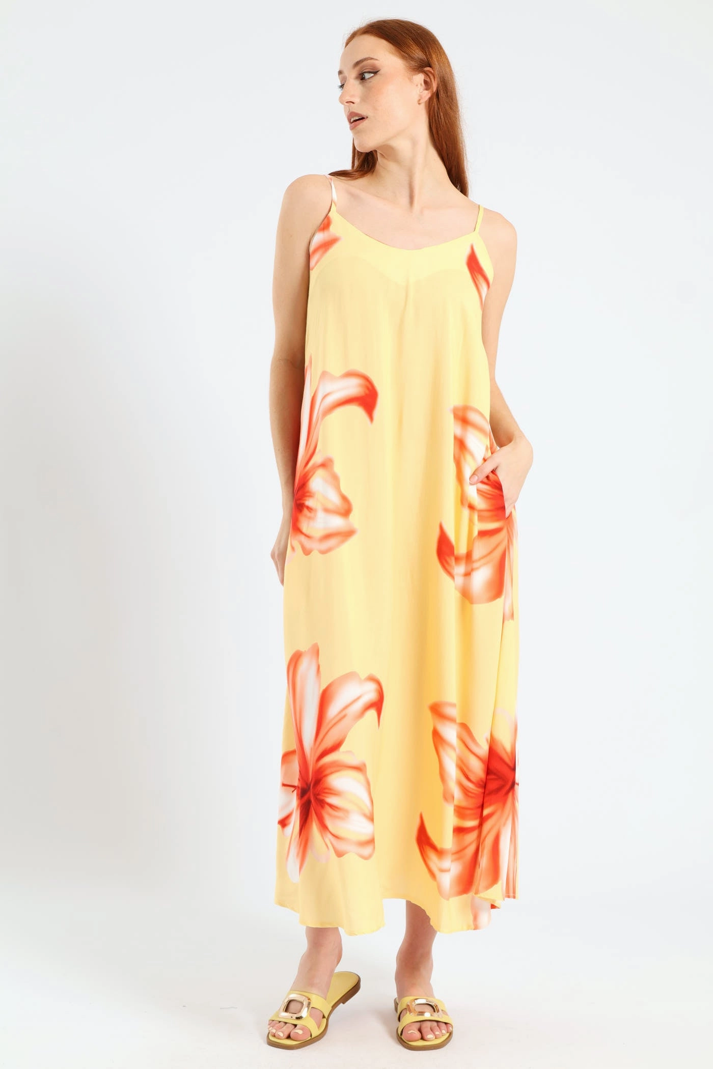 Lace-Edge Side Ruching Strappy A-Line Hyper Floral Slip Midi Dress - Light Yellow