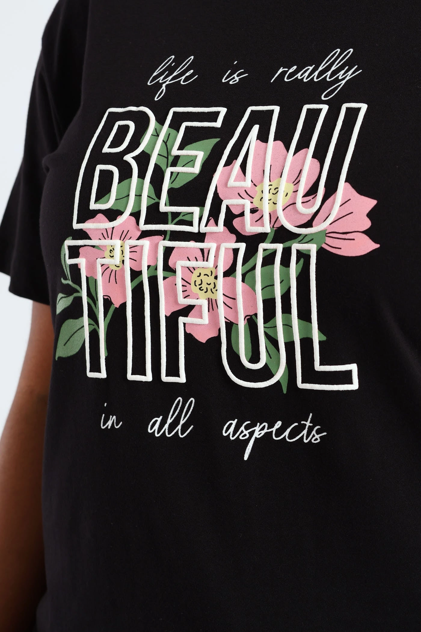 BoxyCrop Short Sleeve Life Is Really Beautiful Flower Puff Regular Tee - Black