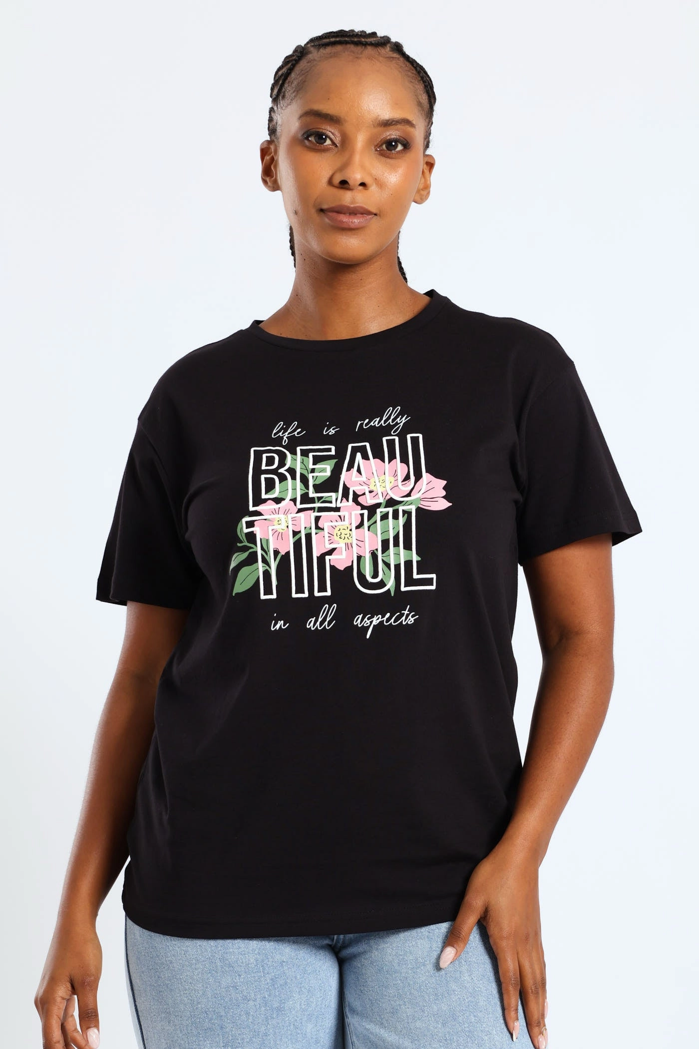 AntiPilling Technology Short Sleeve Life Is Really Beautiful Flower Puff Regular Tee - Black