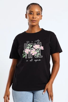 AntiPilling Technology Short Sleeve Life Is Really Beautiful Flower Puff Regular Tee - Black