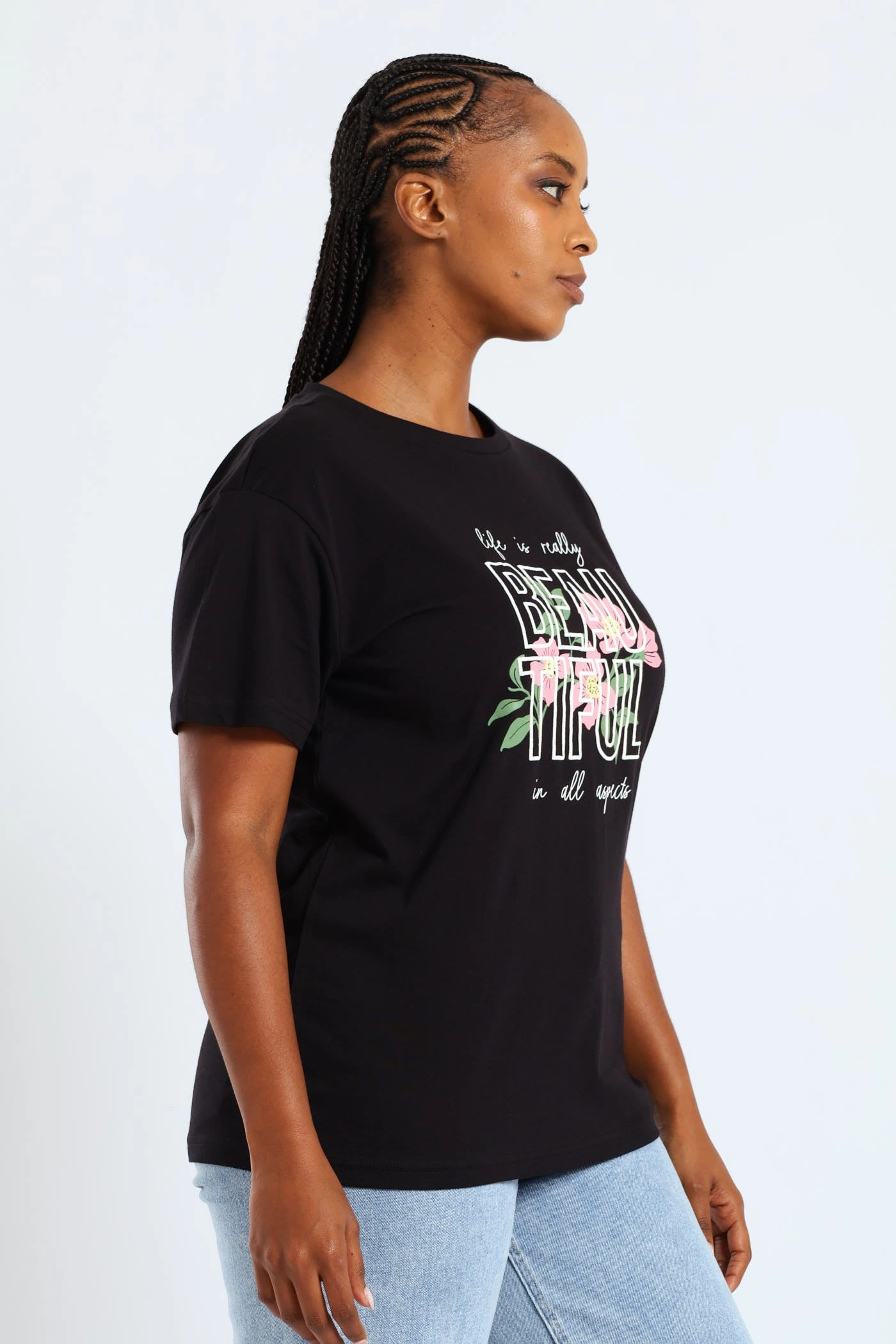 RecycledBlend BoxySilhouette Short Sleeve Life Is Really Beautiful Flower Puff Regular Tee - Black