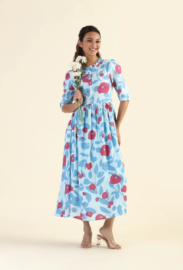 Modern Finish Fragmented Flowers Blue Printed feeding and maternity wear