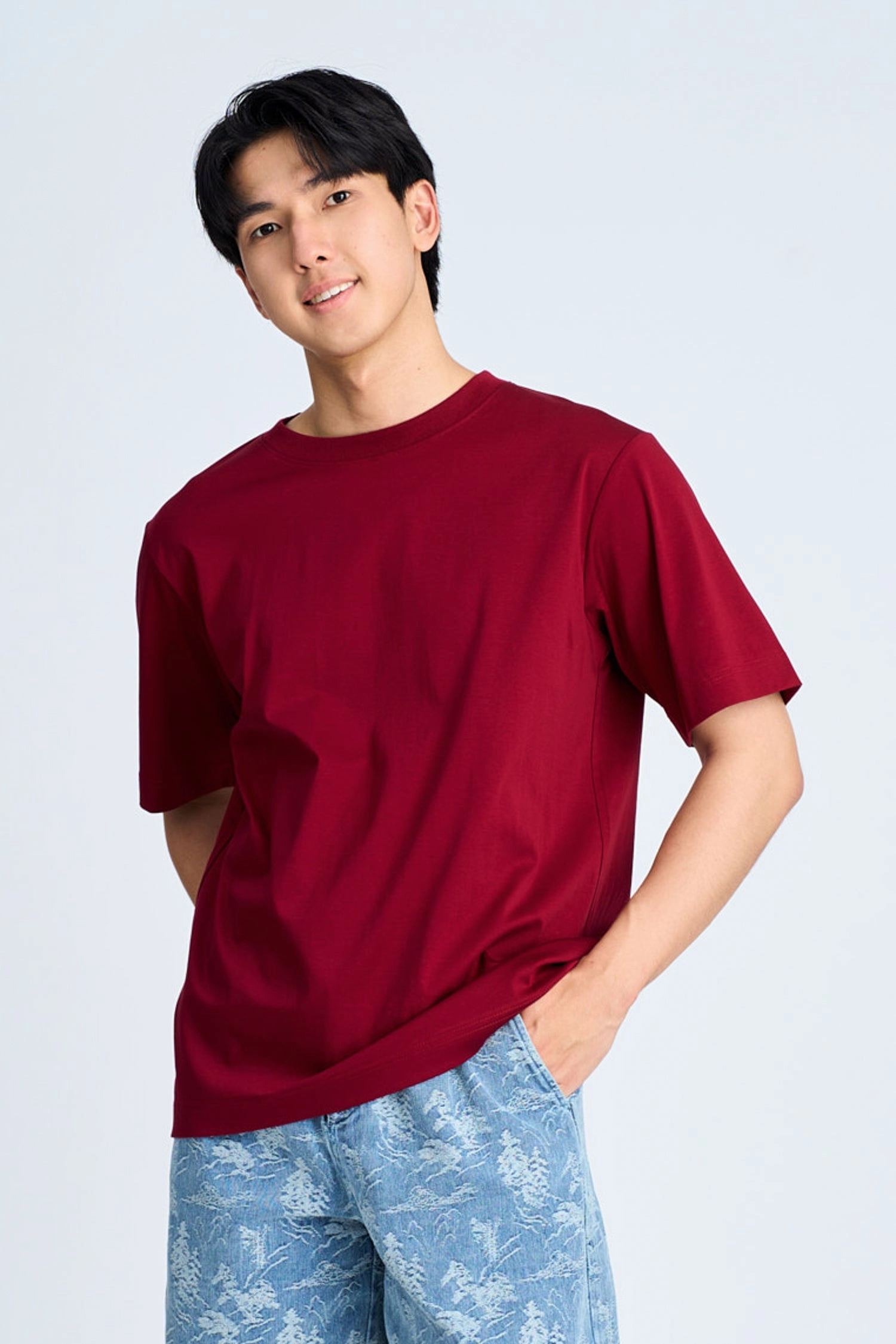 Multi Pocket Configuration (A) Essential Crew Neck Tee - Maroon Red