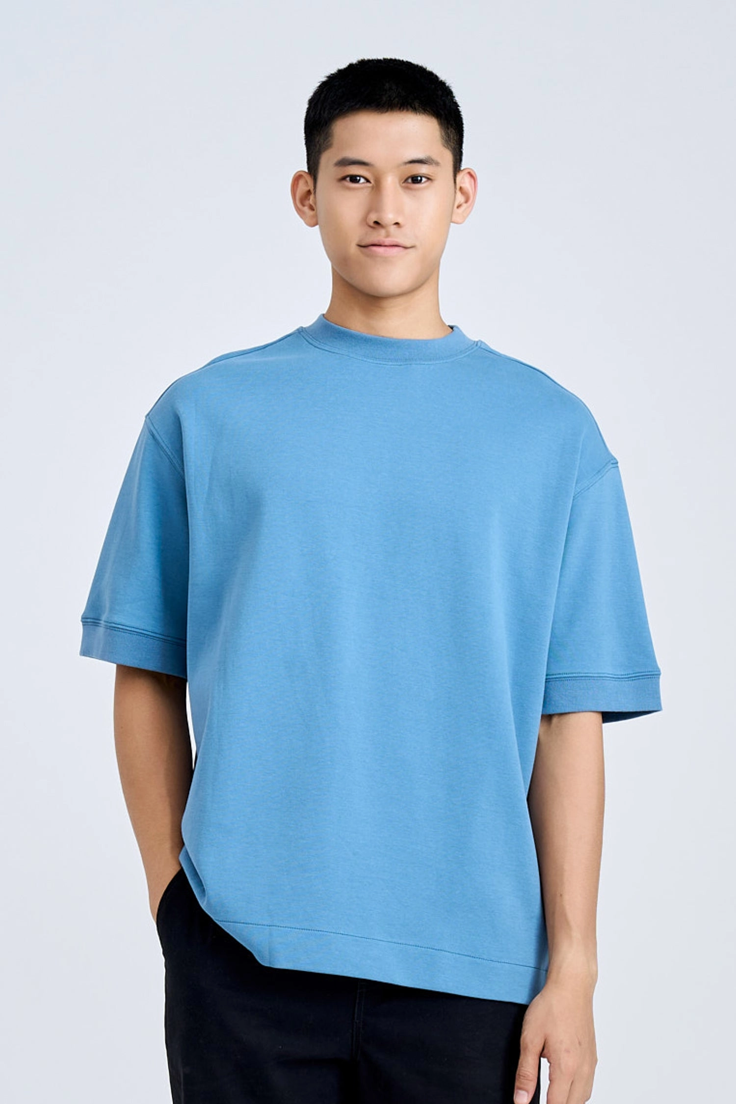 (C) Oversized Fit Heavyweight Tee - Steel Blue [AT] Yarn Dyed Pattern Cloth Layered Collar Structure