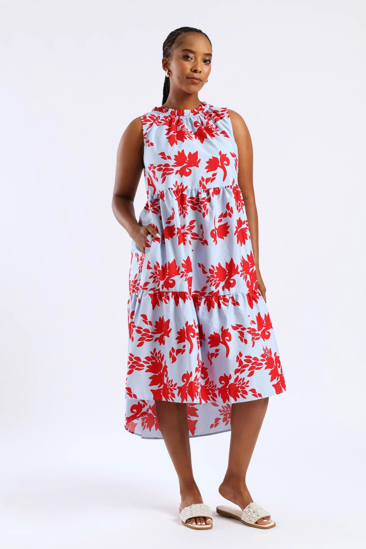 Trendy pick Relaxed Layer Frill Neck Tiered Hilo Flared Midi Dress - Light Blue/Red