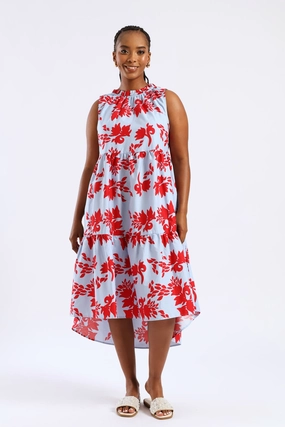 Frill Neck Tiered Hilo Flared Midi Dress - Light Blue/Red Embroidered Fabric Church Scene