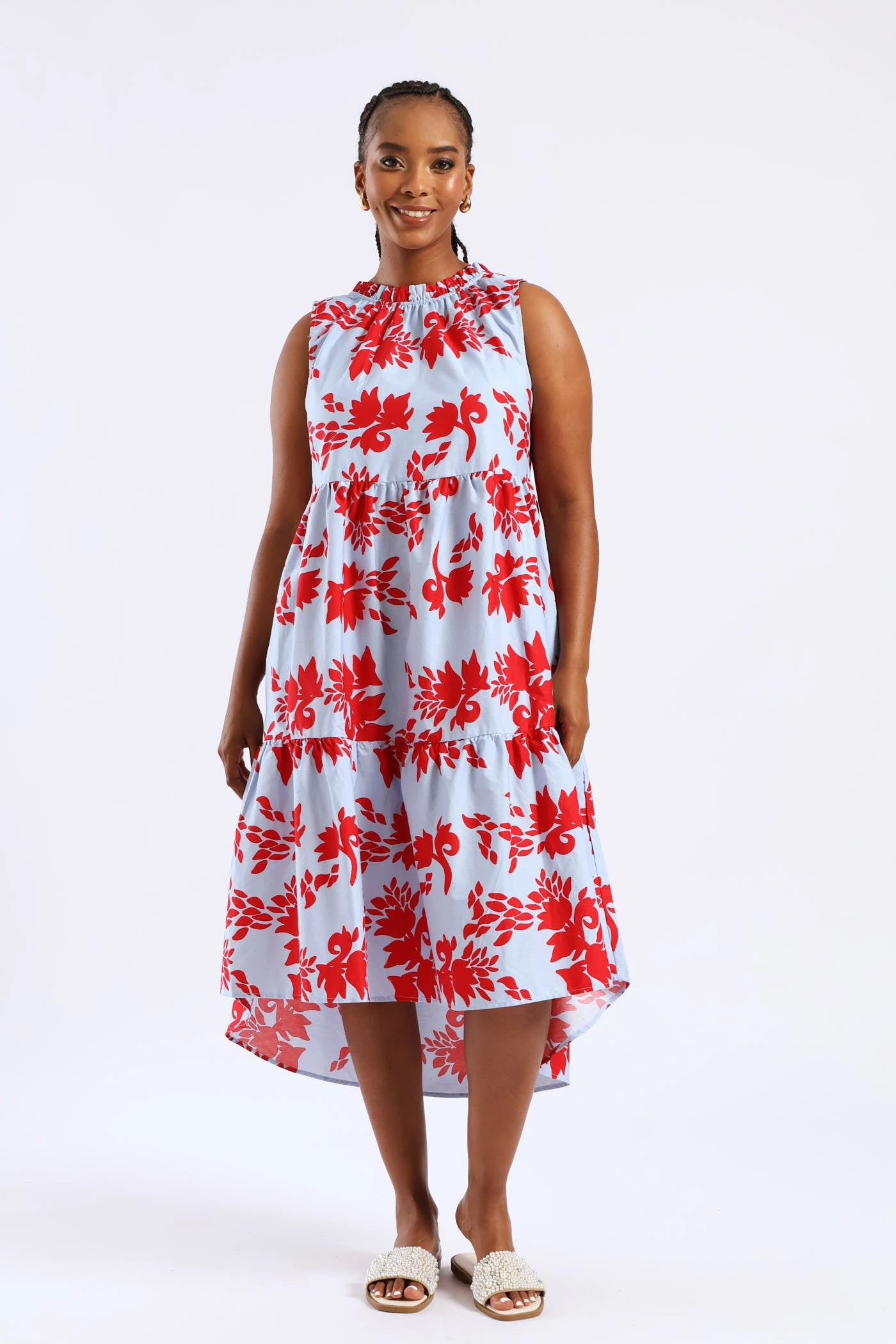 Frill Neck Tiered Hilo Flared Midi Dress - Light Blue/Red Embroidered Fabric Church Scene