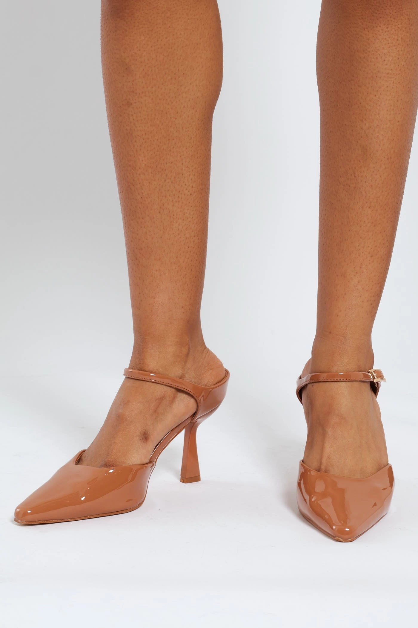 Mid Top Foot Stability Front Buckle Strap Pointy Stiletto Mule Heel - Taupe