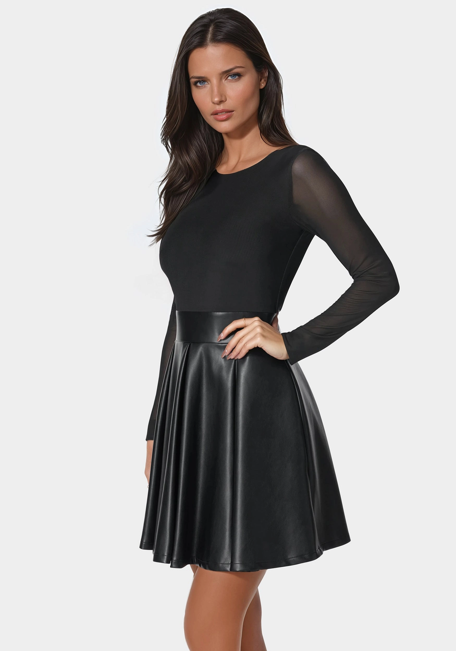 Faux Leather Flare Dress Sleek Look Versatile Edge