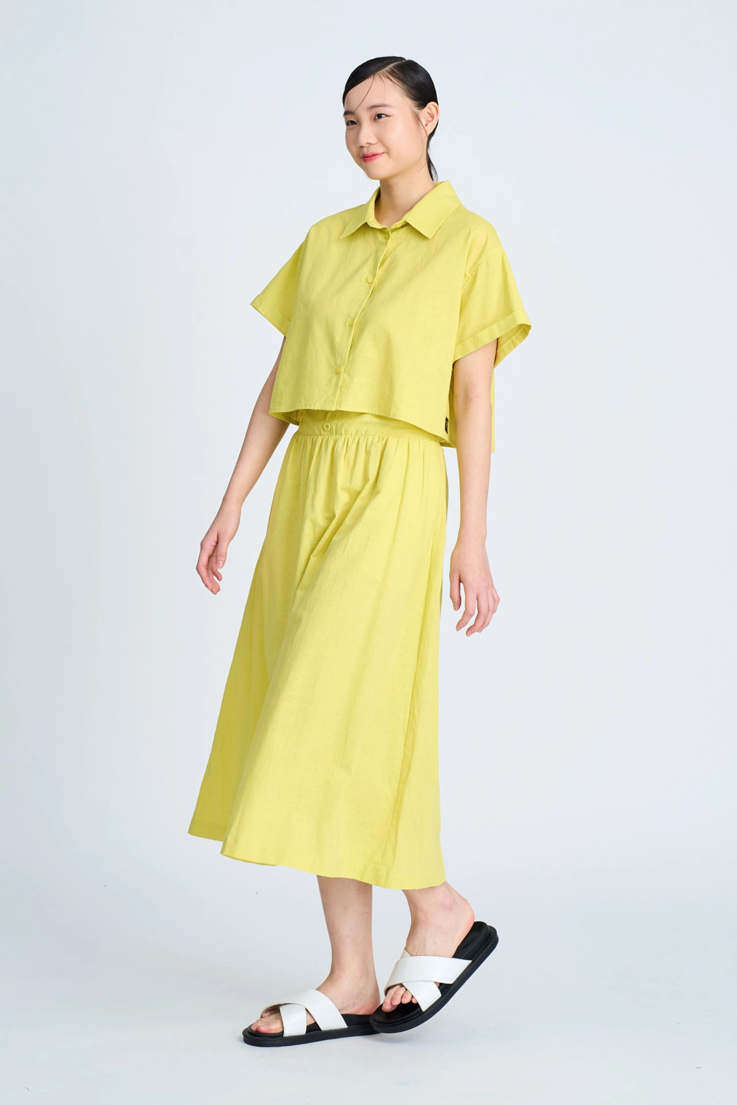 Gather Button Front Skirt - Chartreuse Wardrobe Classic Comfort Waistline