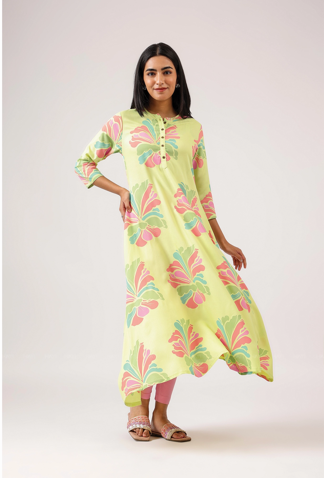 Fringe-Detail Gentle Lime with Blush Breeze printed Viscose A-line Dress