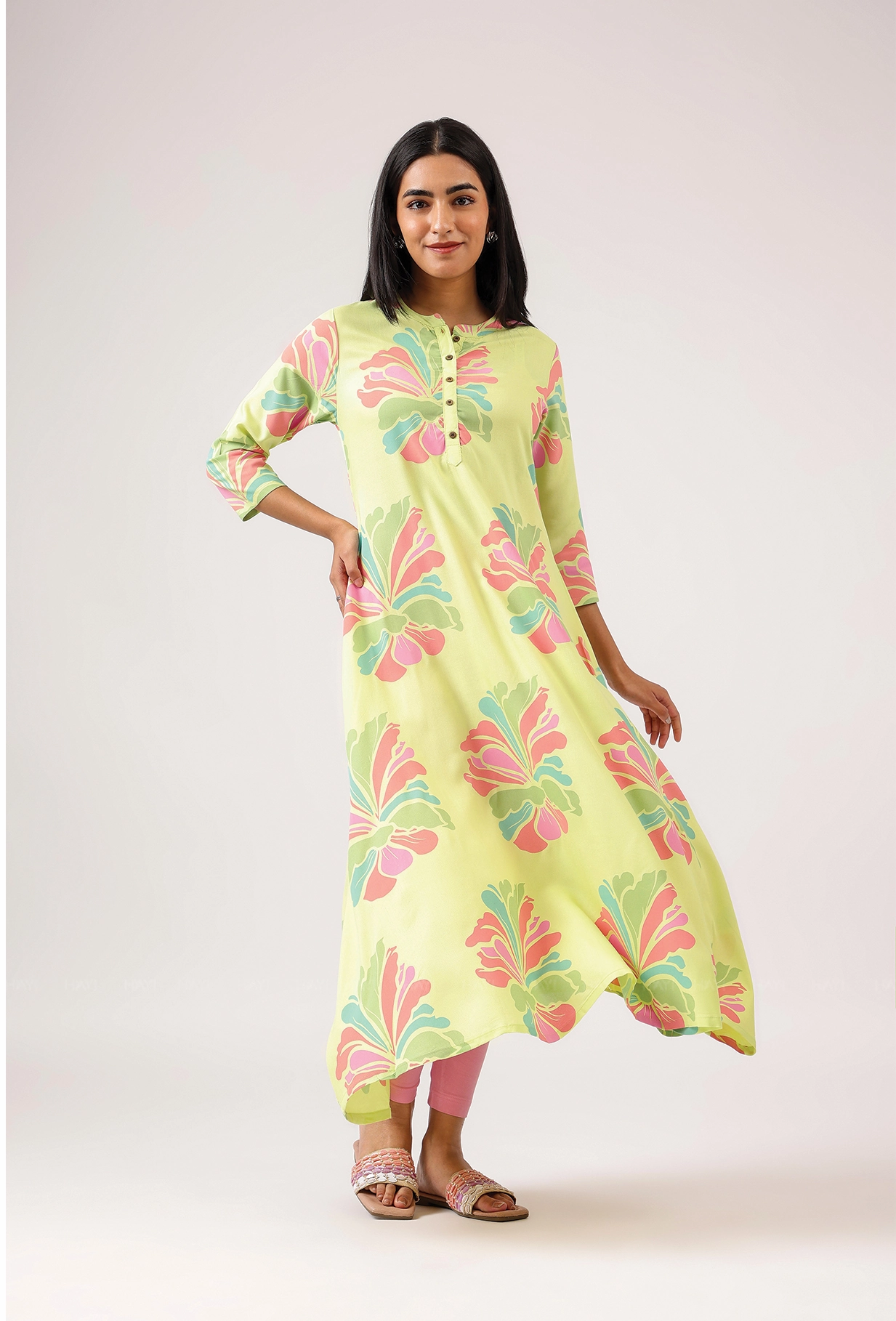 Mood Edge Silky Finish Gentle Lime with Blush Breeze printed Viscose A-line Dress