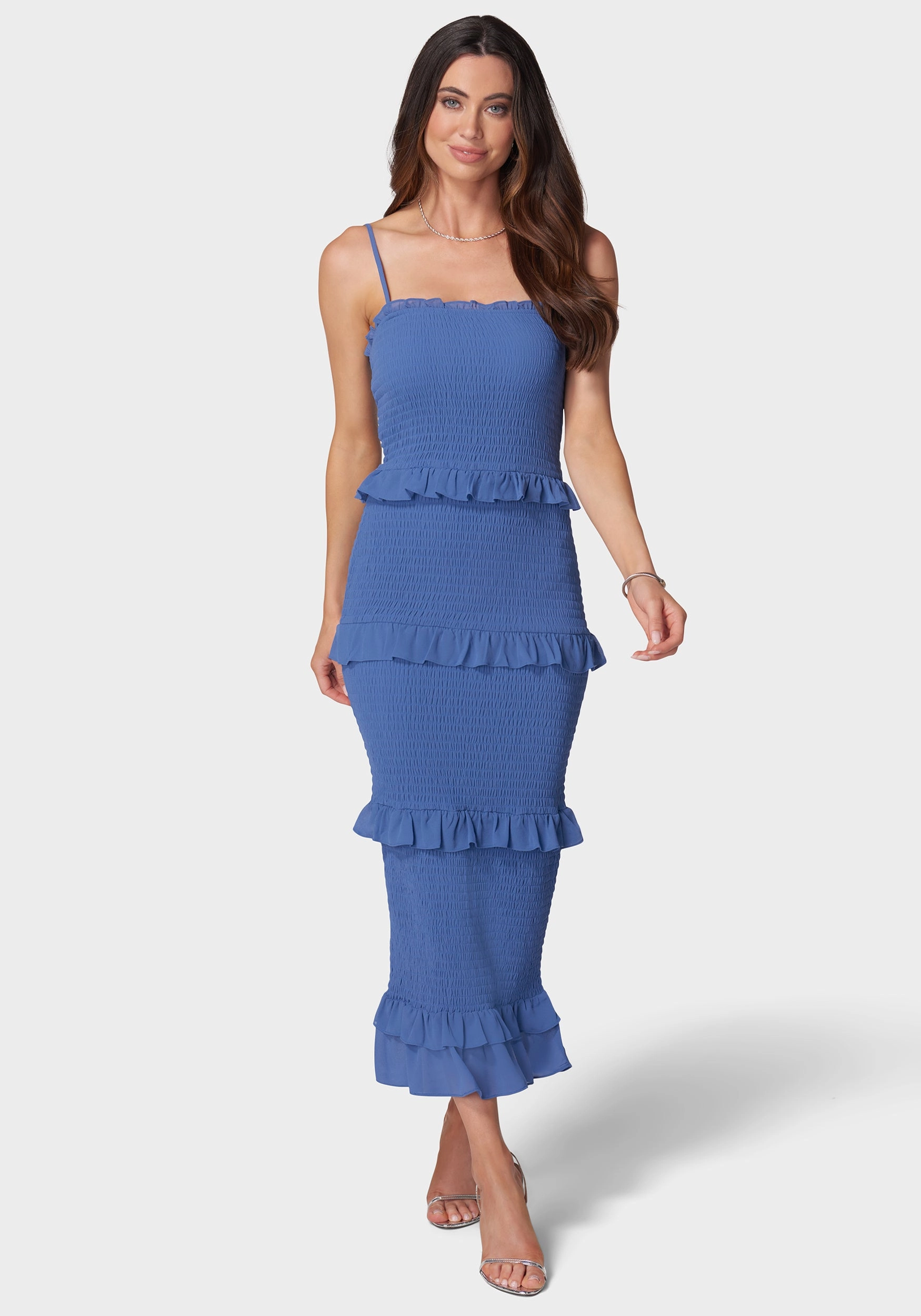 Back-Zip Georgette Smocked Midi Dress