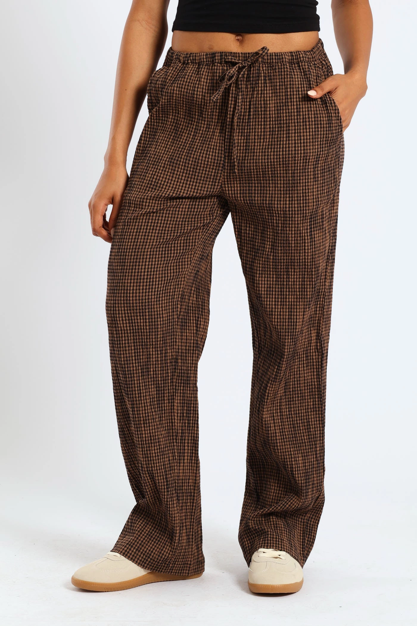 Gingham Check Elastic Wide Leg Pants - Chocolate AllDayCompression Snag Free Fabric