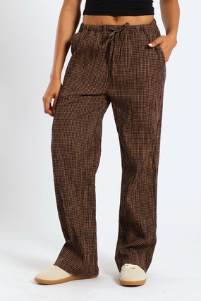 Gingham Check Elastic Wide Leg Pants - Chocolate AllDayCompression Snag Free Fabric