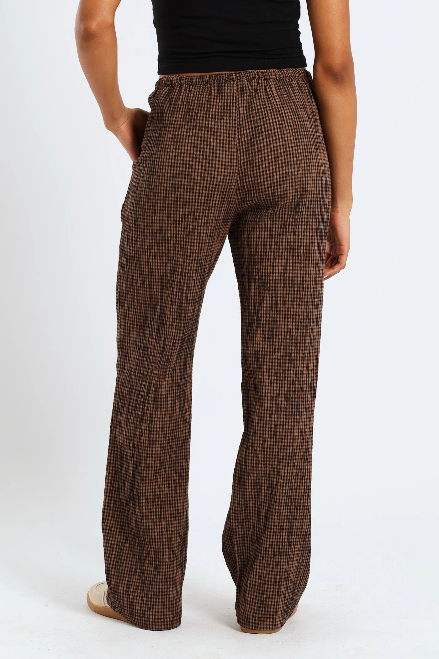 Adventure Ready Durable Activewear Gingham Check Elastic Wide Leg Pants - Chocolate