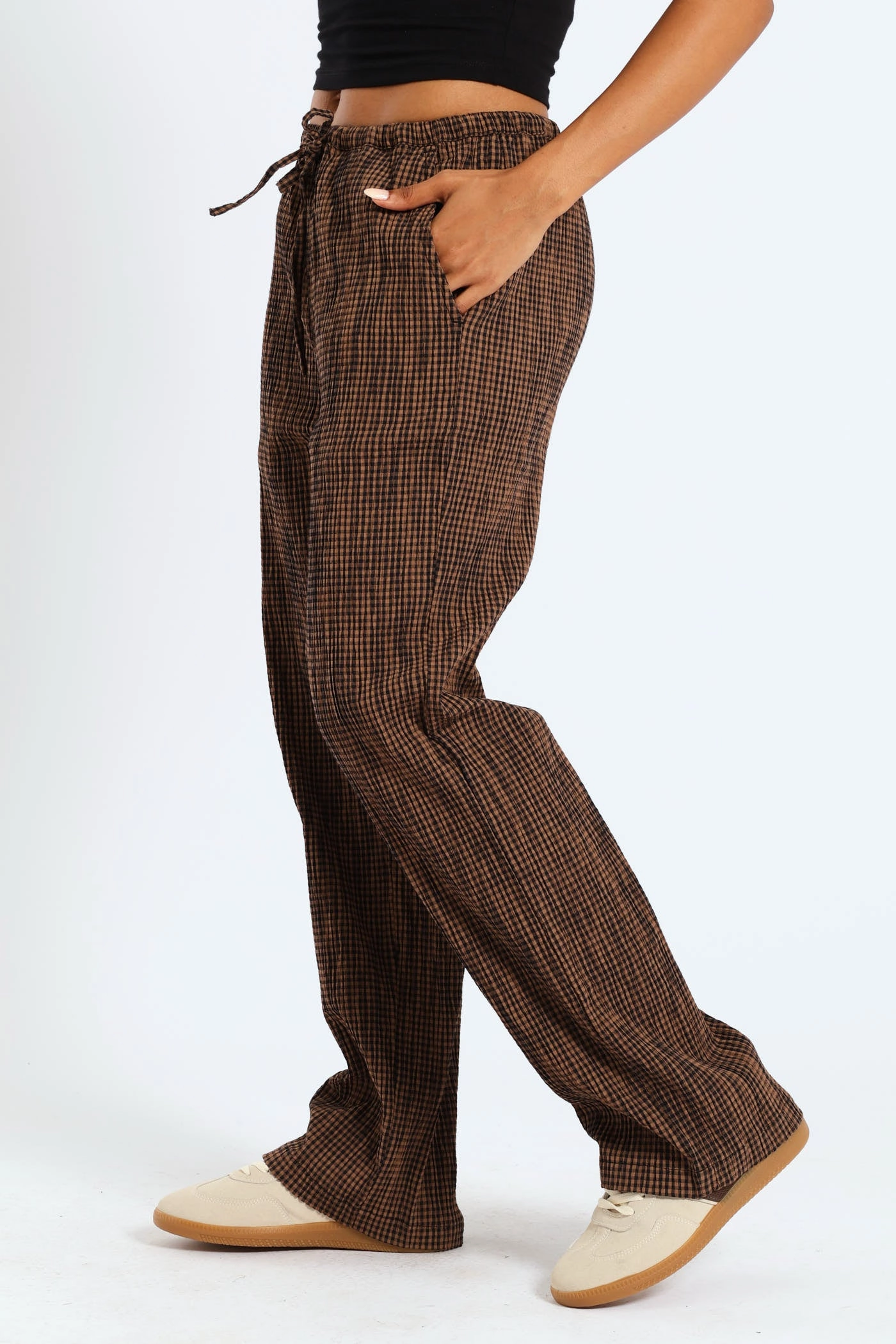 No Fuss Layered Style Gingham Check Elastic Wide Leg Pants - Chocolate