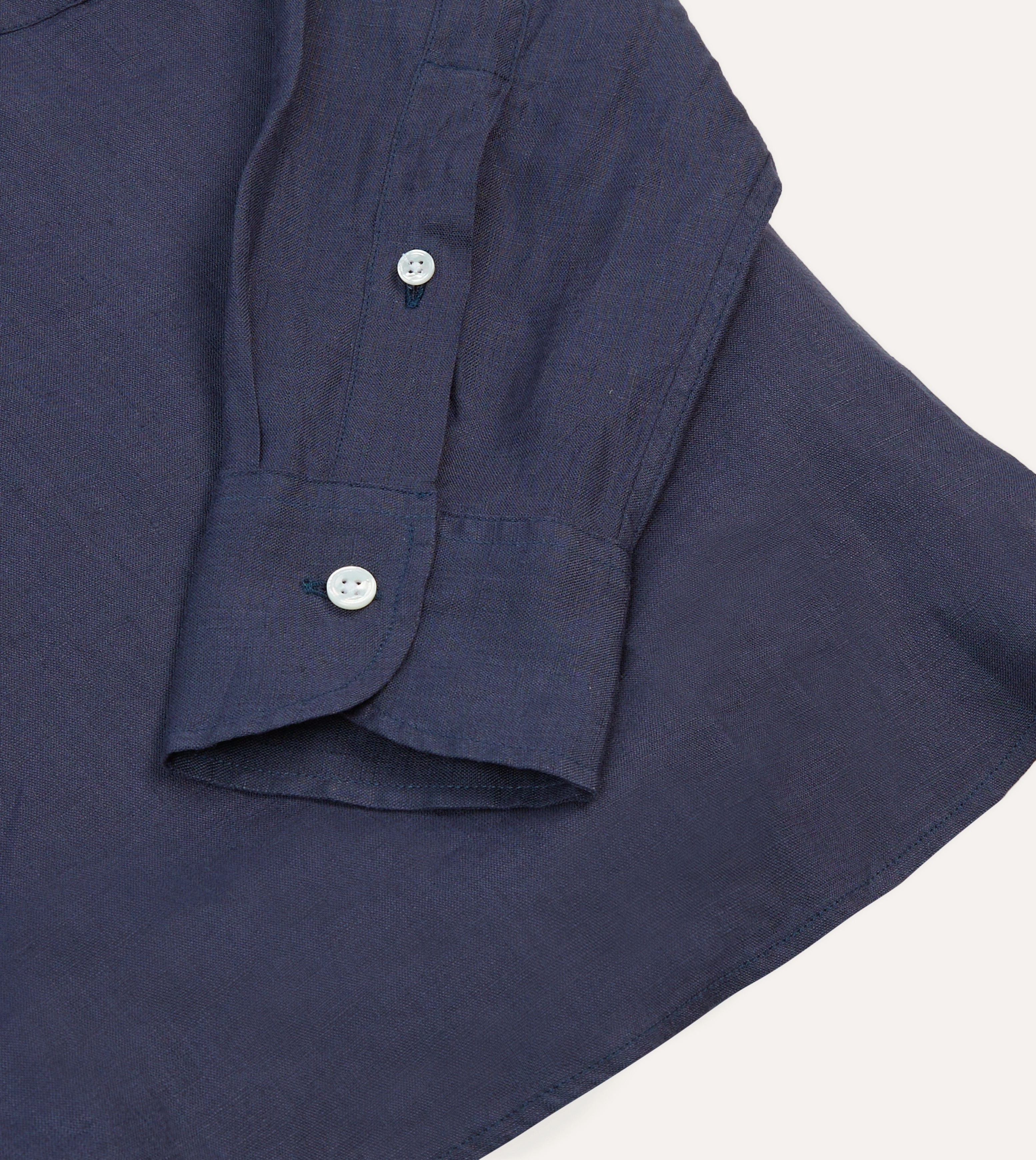 Navy Linen Long Point Collar Popover Shirt Embellished Neckline
