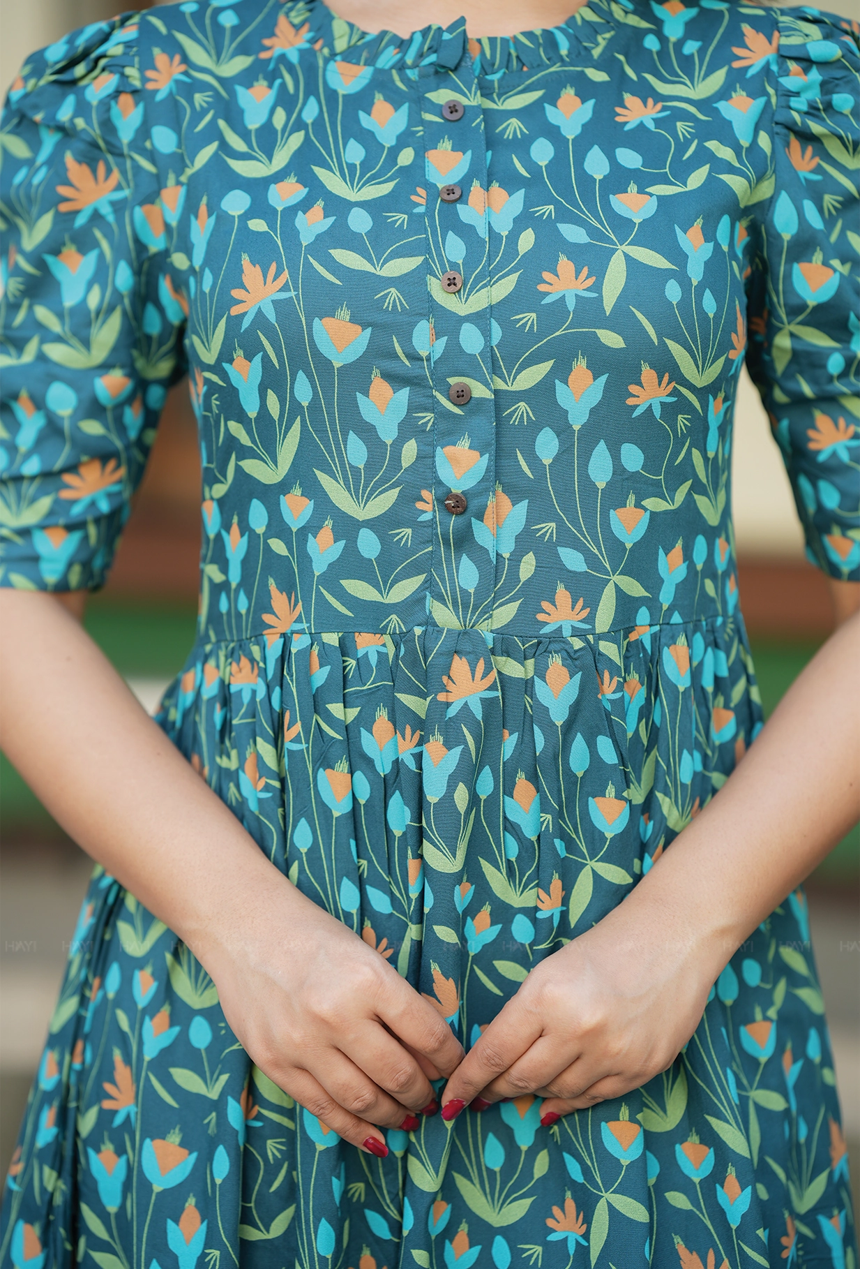 Flare Green with Lush Bloomlet floral printed Maternity and Feeding Dress Feminine Mood
