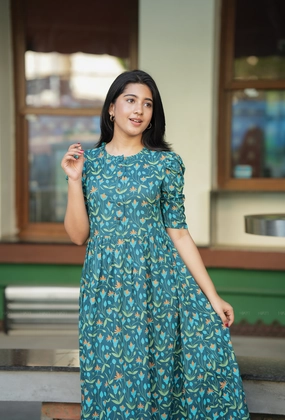 Flare Green with Lush Bloomlet floral printed Maternity and Feeding Dress Luxurious Texture Urban Look