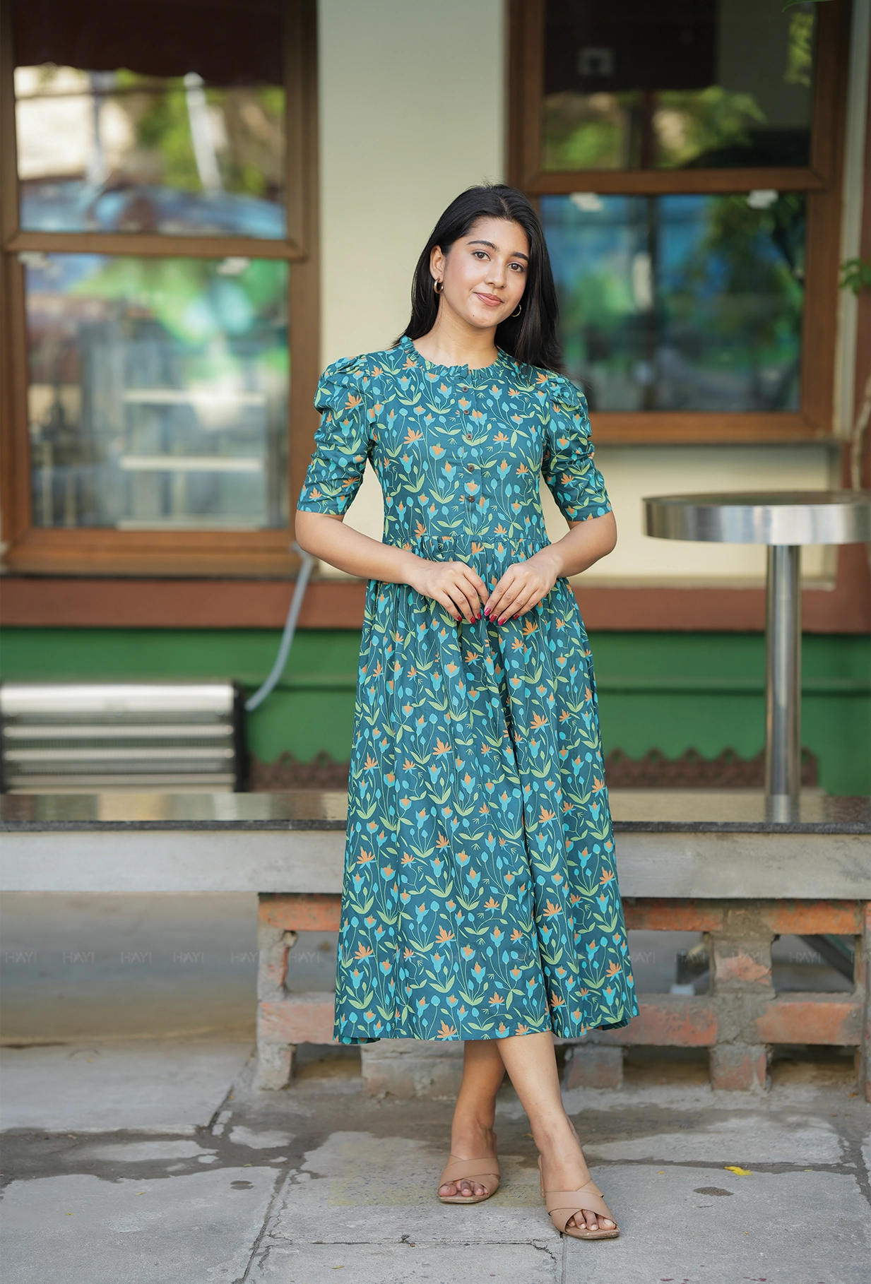 Flare Green with Lush Bloomlet floral printed Maternity and Feeding Dress Mesh Soft
