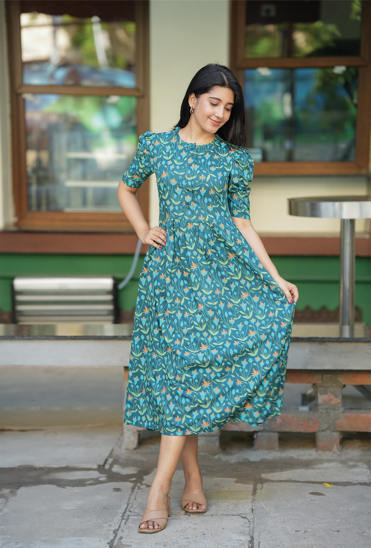 Smooth Feel Polite Vibe Flare Green with Lush Bloomlet floral printed Maternity and Feeding Dress