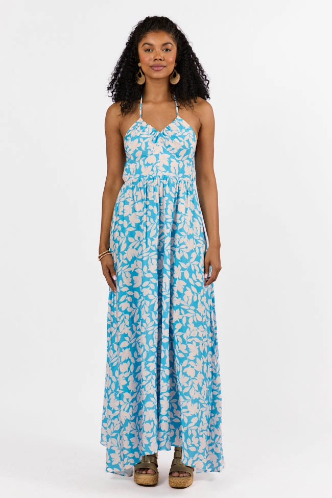 Natural Form Golden Days Blue Halter Neck Printed Maxi Dress FINAL SALE
