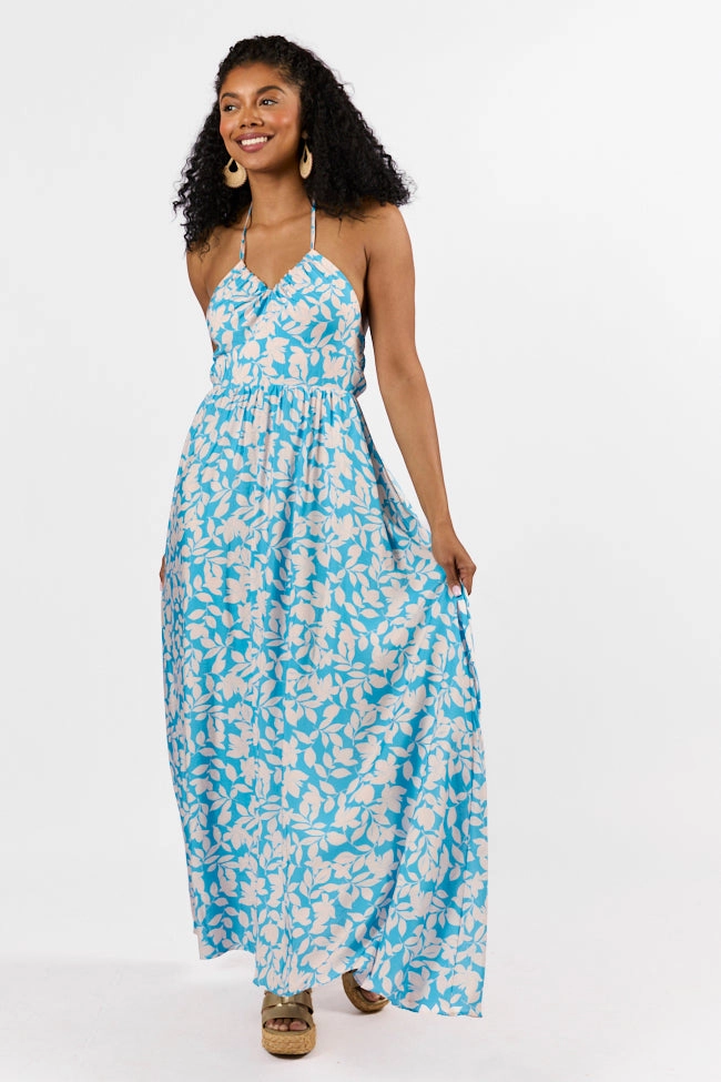Layered Texture All Fit Style Golden Days Blue Halter Neck Printed Maxi Dress FINAL SALE