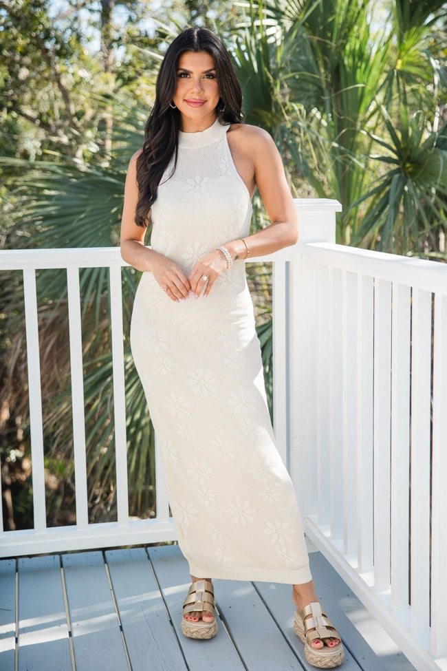 Warm Base Good Composure Cream Halter Neck Crochet Midi Dress FINAL SALE
