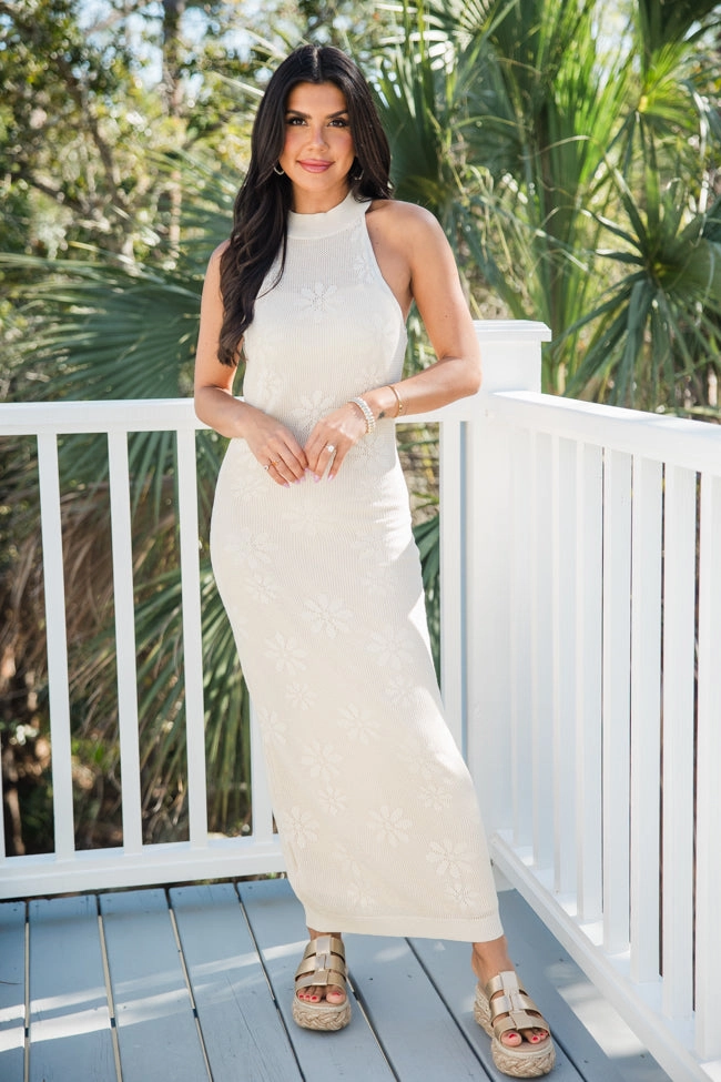 Unisex Option Good Composure Cream Halter Neck Crochet Midi Dress FINAL SALE