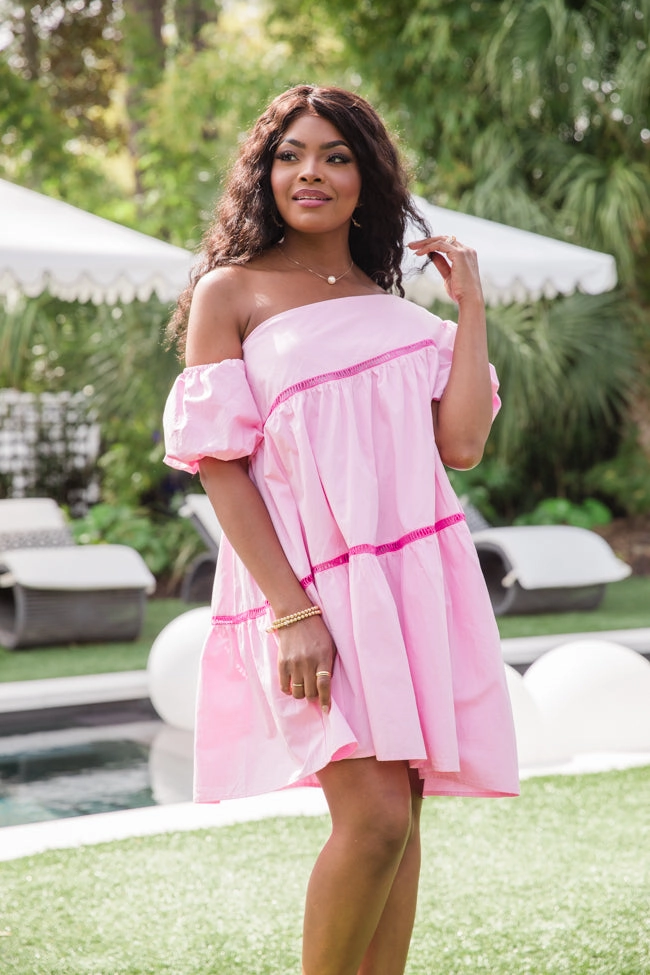 Graceful Beauty Light Pink Asymmetrical Puff Sleeve Mini Dress FINAL SALE Texture Blend Balanced Tone