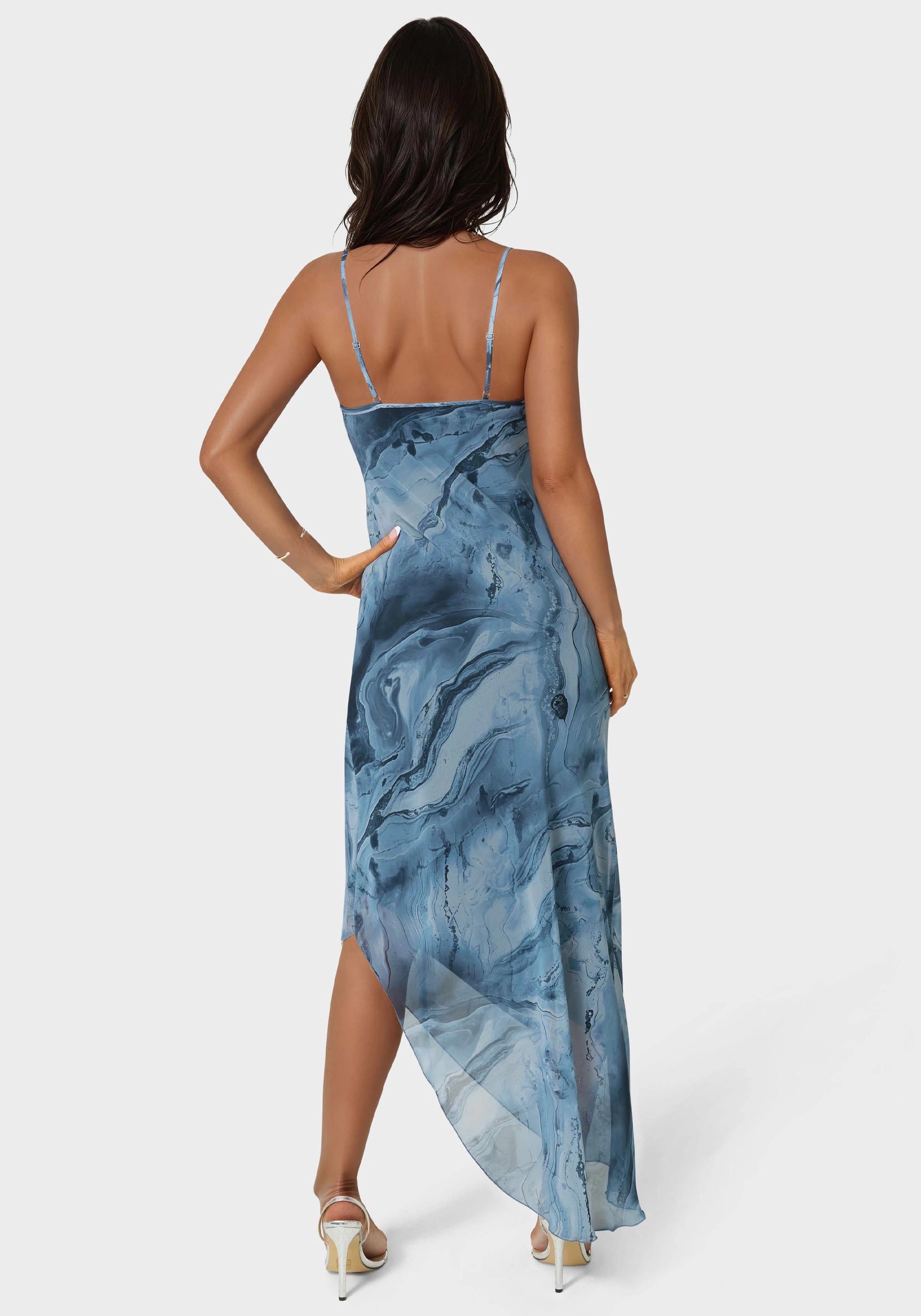 Timeless Piece Leg-Lengthening Printed Chiffon Cowl Asymmetrical Maxi Dress