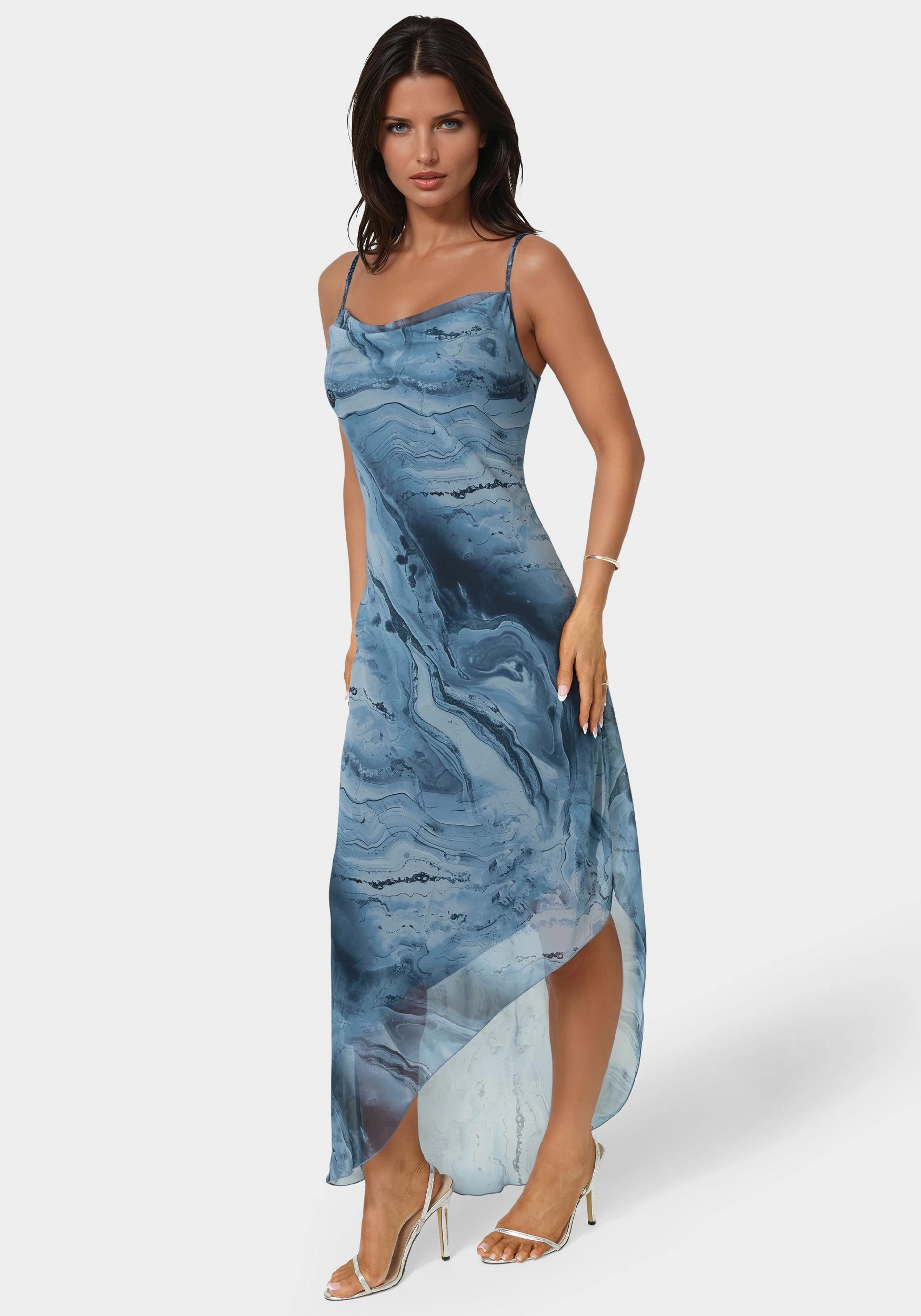 Printed Chiffon Cowl Asymmetrical Maxi Dress Summer Fashion