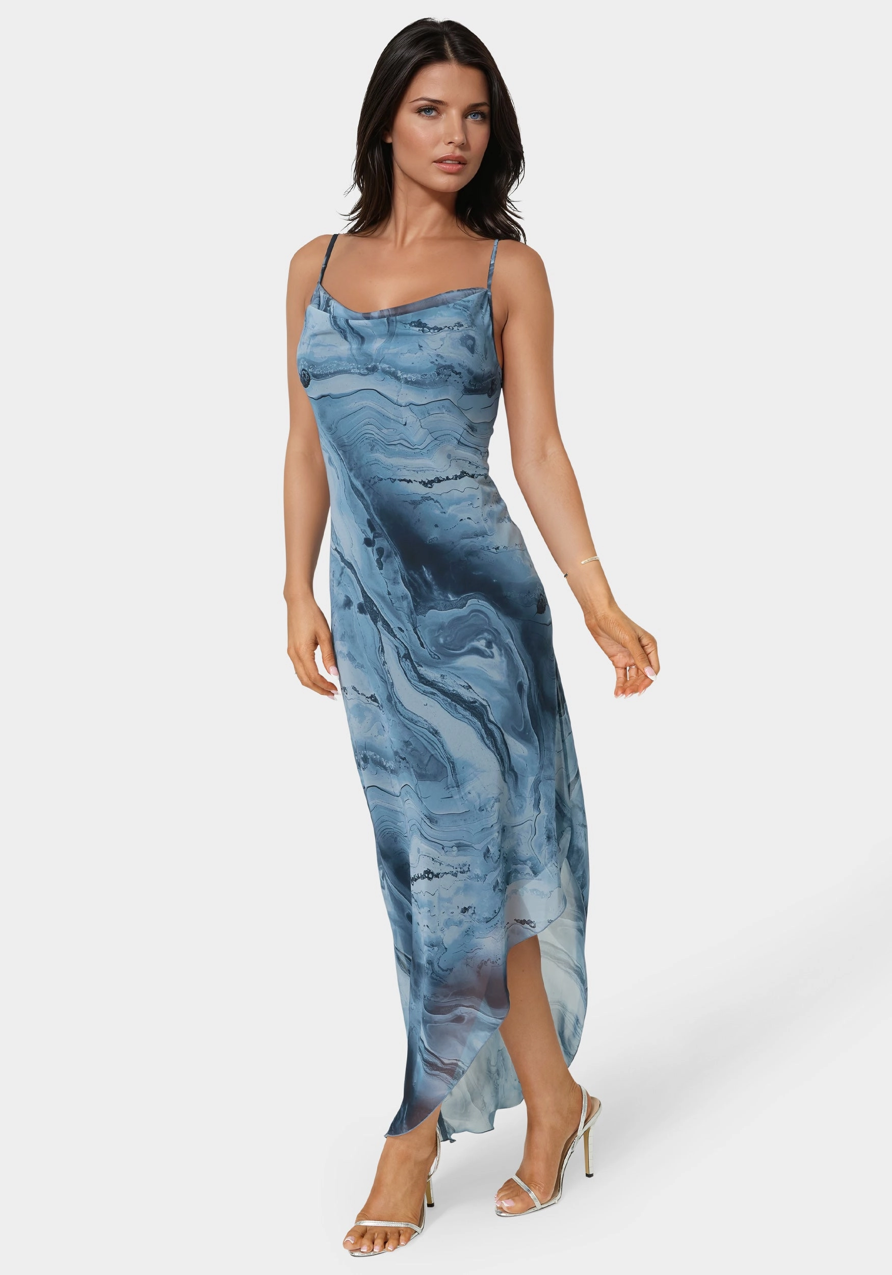 Stretch Fabric Printed Chiffon Cowl Asymmetrical Maxi Dress